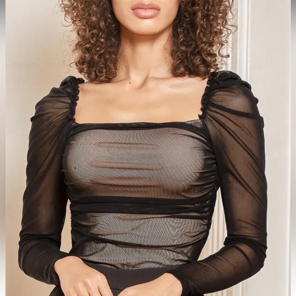 Lulus - Something Extravagant Black Mesh Ruched Long Sleeve Top